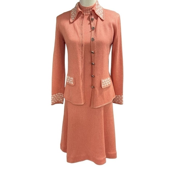 Vintage Dresses & Skirts - Vintage Gloria Knits California Peach Knit Sleeveless Dress w/Cardigan